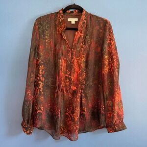 Coldwater Creek Blouse Women's Size Large Paisley Sheer Brown Orange Boho Hippie
